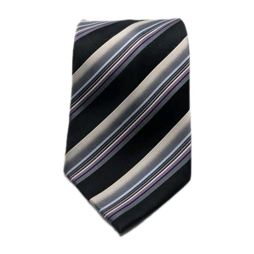 Geoffrey Beene 100% Silk Necktie Black Gray Purple Diagonal Striped Men’s Tie